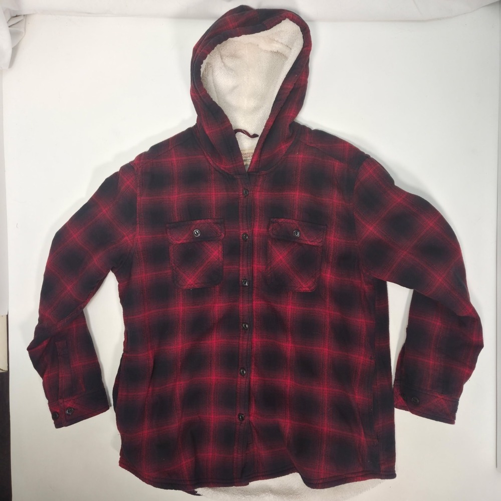 Boston Traders Red Plaid Sherpa Lined Hooded Flannel Shirt Jacket Women L